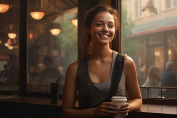 Canvas Print - Portrait of a blissful woman in her 30s dressed in a breathable mesh vest against a serene coffee shop background. AI Generation