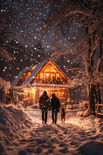 A Family Walks Along A Beautiful Snowy Street On Christmas Night. Happy New Year And Merry Christmas