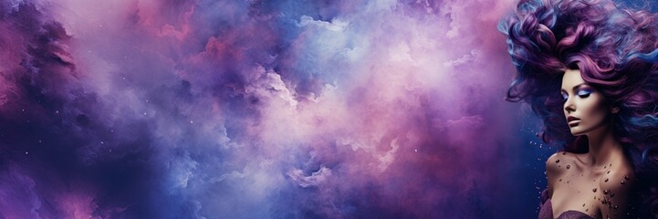 Wall Mural - portrait of a women against Nebula Galaxy Background With Purple Blue Outer Space. Cosmos Clouds And Beautiful Universe Night Stars