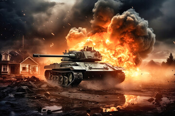 Wall Mural - War Concept. Tank in a destroyed city or village. Military action battle scene against the backdrop of fire, smoke and explosions. Battle in ruined city. Selective focus.