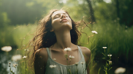 Wall Mural - Young beautiful woman with long wavy hair feeling calm and relieved in nature, breathing the fresh air
