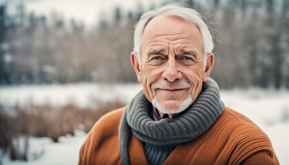 Wall Mural - Elderly man outdoors in winter with copy space