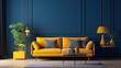 interior livingroom, A huge living room's accent lounge. blue and yellow hues. Dark blue wall that is empty and a bright yellow sofa with mustard undertones. a mockup of a contemporary interior.