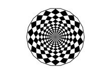 Hypnotic Art Mandala Design, Optical Spiral Illusion. Optical Checkered Circle Classic Circular Op Art Design In Black And White. Vector Illustration Isolated On White Background