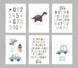 Fototapeta Dinusie - Set of posters with cute cars, dinosaur, numbers and alphabet for boys