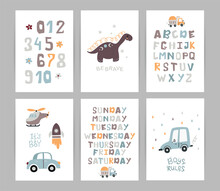 Set Of Posters With Cute Cars, Dinosaur, Numbers And Alphabet For Boys