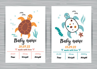 Canvas Print - Baby shower invitation templates with cute turtles. Date of birth, height, weight.