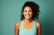Portrait of a smiling woman in her 20s wearing a lightweight running vest against a solid color backdrop. AI Generation