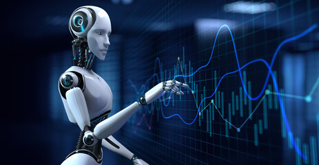 Wall Mural - Robotic data analysis automation trading robot. Business finance technology concept. 3d render.