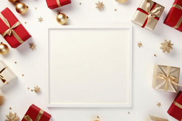 Mockup white frame with christmas decoration on white background.