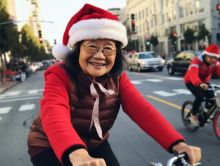 Wall Mural - Riding a bike through the streets wearing a Santa hat