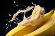 Photo of a close-up shot of a ripe banana being submerged in a pool of milk. Generative AI