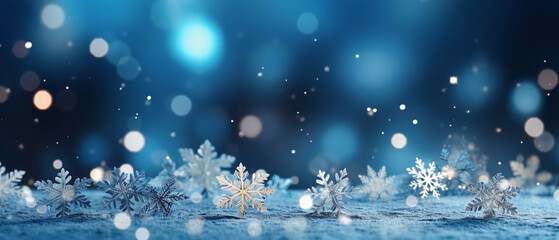  Christmas background with snowflakes and bokeh lights. 3d rendering. Winter background with snowflakes and bokeh.