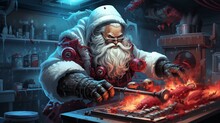 Sinister Santa Claus Cooks Food On Fire. Fantasy Concept , Illustration Painting.