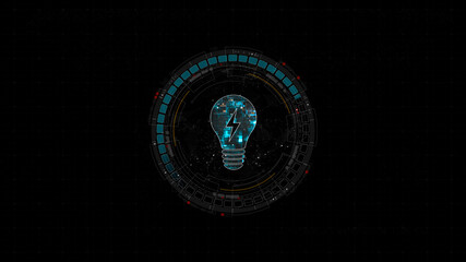 Wall Mural - blue digital lamp logo and circle futuristic hud elements with flowing arrows with lightbulb and ide
