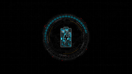 Blue digital battery logo and circle futuristic HUD elements with flowing arrows with power reserve concepts on abstract background