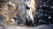 A Majestic Horse Nuzzles A Sparkling Christmas Ornament, Its Warm Breath Creating Frosty Patterns On The Decoration.