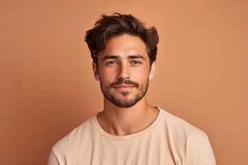 Wall Mural - Generative AI portrait of a very handsome brown hair man isolated on beige background