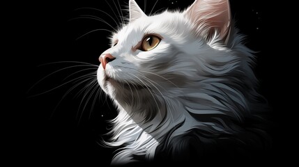 Face of White cat with yellow eyes on black background. Fantasy concept , Illustration painting.