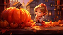 Cartoon Girl Sitting In Front Of Pumpkins. Fantasy Concept , Illustration Painting.
