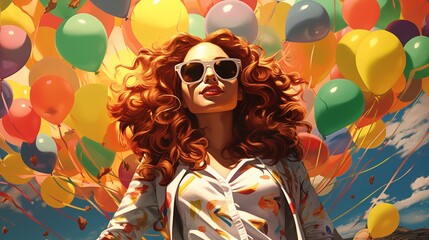 Wall Mural - Beautiful girl with red hair wearing glasses on the background of balloons. Fantasy concept , Illustration painting.