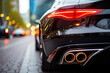 The stainless steel exhaust tip of a sports car takes the spotlight, with a car showroom serving as a bokeh-laden backdrop. The dual exhaust system enhances the rear of the black car. Generative Ai.