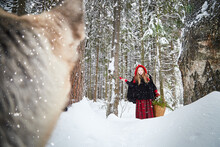 Meeting Of Cute Little Girl In Red Cap Or Hat And Black Coat With Basket Of Green Fir Branches And Big Dog Shepherd As Wolf In Snow Forest On Cold Winter Day. Fun And Fairytale On Photo Shoot