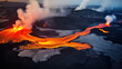 éruption volcanique avec coulée de lave sur les terres gelées d'Islande