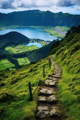 Wall Mural - Walking path to the lake in the mountains, Azores, Portugal