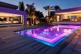 Fototapeta  - swimming pool in modern villa with colored led lights on dusk background. generative ai