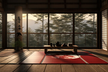 Poster - The Japanese flag hanging in a traditional tatami room. Concept of Japanese culture and heritage. Generative Ai.