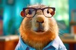 cute tired capybara wearing glasses and shirt working in the office. Clerk Capybara in office. pet at work. Funny rodent prepare presentation. Business scene