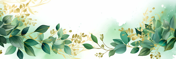 Watercolor abstract background with green leaves, copy space, design header, banner, web, wallpaper, seasonal spring summer backdrop. Generative AI