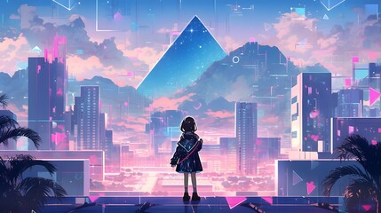 Wall Mural - Synthwave anime manga girl, lofi bacground wallpaper design