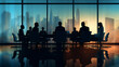 © pawczar - Business meeting with skyscrapers visible behind the glass. Silhouettes of people sitting at a meeting or conference. Colorful abstract illustration. Brochure layout template. Generative AI.