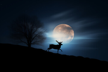 Wall Mural - Silhouette of a lone reindeer back lit by a large glowing full moon - winter Christmas concept