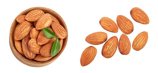 Wall Mural - Almonds nuts with leaves in wooden bowl isolated on white background with  full depth of field. Top view. Flat lay.