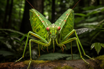 Aufkleber - A Rainforest Katydid with its long, leaf-like wings, expertly camouflaged among the foliage.