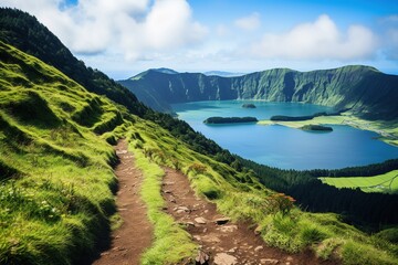 Wall Mural - Walking path to the lake in the mountains, Azores, Portugal