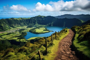 Wall Mural - Walking path to the lake in the mountains, Azores, Portugal