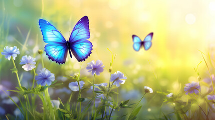 Wall Mural - Blue butterflies flying on a warm day in a magical garden. Spring in the meadow among wildflowers. Seasonal summer background. Colorful bokeh. Generative AI.