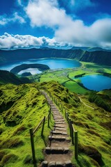 Wall Mural - Walking path to the lake in the mountains, Azores, Portugal