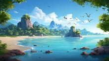 A Tropical And Island Landscape With Some Birds Flying Over. Fantasy Concept , Illustration Painting.