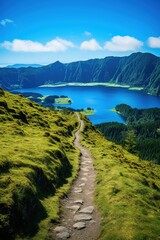 Wall Mural - Walking path to the lake in the mountains, Azores, Portugal