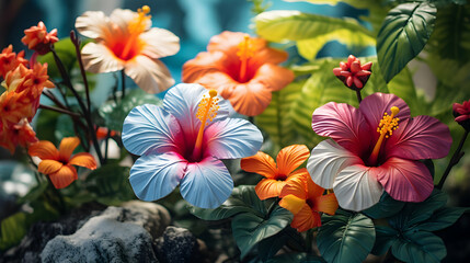 Wall Mural - Bright summer tropical flowers and leaves on a background of blue foliage in a fairy garden. Macro artistic wallpaper. Generative AI.