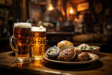 Canvas Print - A traditional Australian pub serving up cold beers and meat pies for Australia Day revelers. Concept of pub culture and refreshment. Generative Ai.