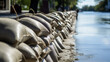 Full line of flood protection sandbags protecting houses from water, flood emergency. ai generative