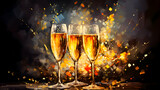 Raising a toast with champagne, celebrating the new year, alkohol splash, bokeh colorful background with free copy space, blank, greetings card, invitation template, generative ai