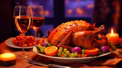 Wall Mural - a glass of wine on a table next to a thanksgiving turkey and some fruit. Fantasy concept , Illustration painting.