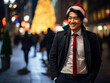 © kalafoto - business people wearing a Santa hat walks down the street on Christmas night